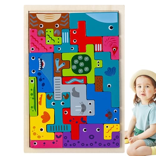 Besreey Holzblockpuzzles für Kinder,Tier-Blockpuzzle Tier-Tangram-Puzzle | Menschen mustern Bunte Teile für Kinder ab 3 Jahren, Lernen Formen, Fahrzeuge, Meerestiere, Rätsel von Besreey