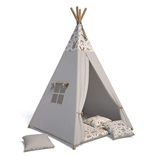 Best For Kids Spielzelt Tipi Zelt Indianer Wigwam für Kinder mit Zubehör (Grau Tierchen) von Best For Kids