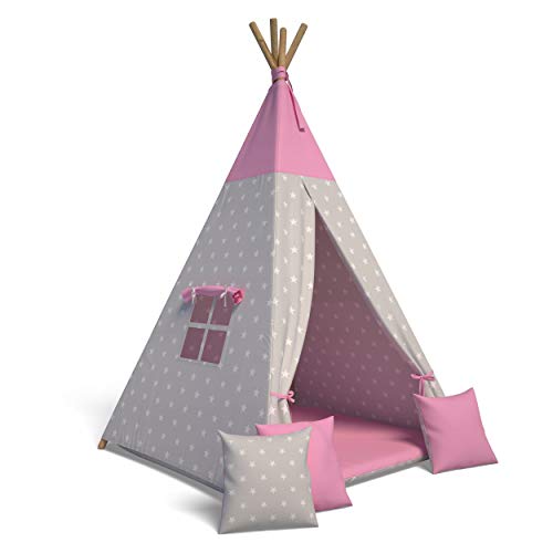 Best For Kids Spielzelt Tipi Zelt Indianer Wigwam für Kinder mit Zubehör (Sterne rosa) von Best For Kids