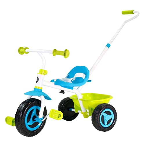 BEST SPORTING Dreirad 2 in 1 ab 1 Jahr I Robustes Dreirad mit Schubstange I blau - grün I hochwertiges Dreirad ab 1 Jahr mit Sicherheitsgurt I Kinderdreirad inkl. Transportbox von BEST SPORTING