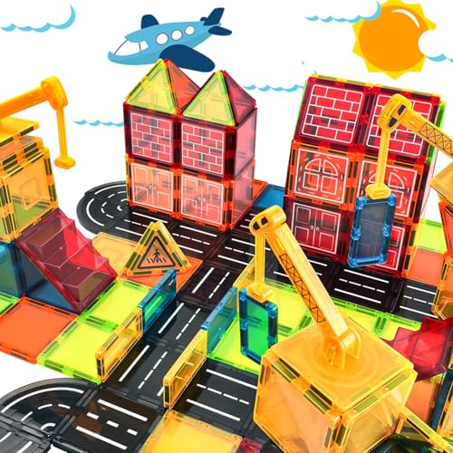 Bestdin Magnetische Fliesen 88 Teile, Kinderspiele Magnetische Bausteine Straßenset mit Magnetkran, STEM Magnet Spielzeug, Magnete Kinder Spielzeug für Jungen und Mädchen ab 3 von Bestdin