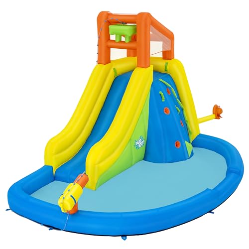 Bestway H2OGO! Mega-Wasserpark Wasserberg, 435 x 286 x 267 cm, für 5 Kinder, Rutsche, Kletterwand, Wasserkanone, Dauergebläse, PVC-beschichtetes Polyester, ab 5 Jahren, Tasche, Reparatur-Set von Bestway