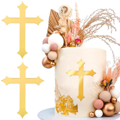 2 Stück Kuchendeko Kreuz Cake Topper Kommunion Spitz-Stil Acryl Tortendeko Gold 10x7cm Tortenaufsatz Spiegel Kuchen Dekoration für Taufe Konfirmation Geburtstag Party von Bestwishing