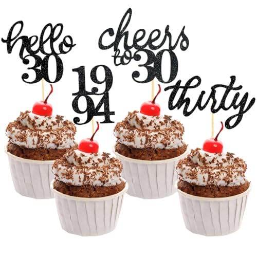 30. Geburtstag Cupcake Topper, 24 Stück Glitzer Kuchen Deko Tortendeko 30 Geburtstag Männer Frauen Geburtstagsdeko, von 1994 für 30 Geburtstag Deko Cake Decoration（Schwarz） von Bestwishing