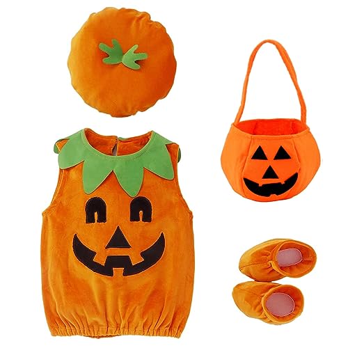 Bestwishing Halloween Kostüm Kürbis Kinder,Kürbiskostüm mit hut halloween süssigkeiten beutel, kürbis kostüm kinder Für Junge Mädchen Cosplay Halloween Fasching Party 3-10 Jahre (110-130cm) von Bestwishing