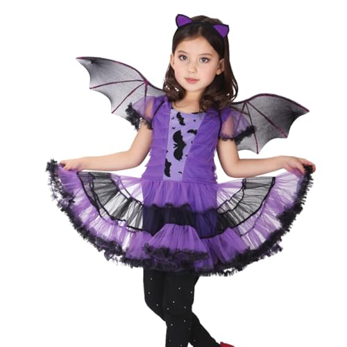 Bestwishing Karneval Kostüm Mädchen Fledermaus Kostüm für Kinder Karneval Halloween Kinderkostüm Kinde Cosplay Kostüm Halloween Kostüm Hexe Cosplay Kostüm Tutu Kleid Set für Kinder (130cm) von Bestwishing