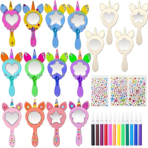 Betensh 12 Stück Holz Einhorn Basteln Kindergeburtstag Spiele Einhorn Deko Kindergeburtstag Einhorn Bastelset Princess Mini Handspiegel mit Griff Bastelidee für Kindergeburtstag Einhorn Party von Betensh