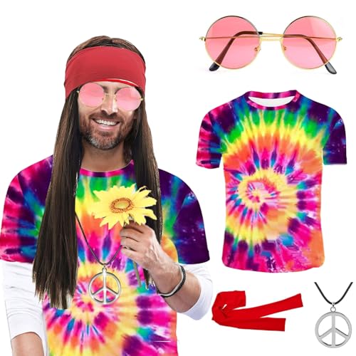 Betensh 70er Hippie Kostüm Herren Damen, Hippie Accessoires Batik Shirt Hippie Brille Peace Kette, Perücke Herren, 70er Jahre Outfit Herren für Karneval Cosplay L von Betensh