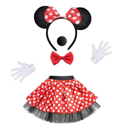 Betensh Damen Maus Mouse Kostüm, Rote Tutu mit Weiß Gepunkte, Maus Ohren mit roter Schleife+ Handschuhe+Nase+Krawatten, Cosply Kostüm Accessoire für Halloween Motto Party von Betensh