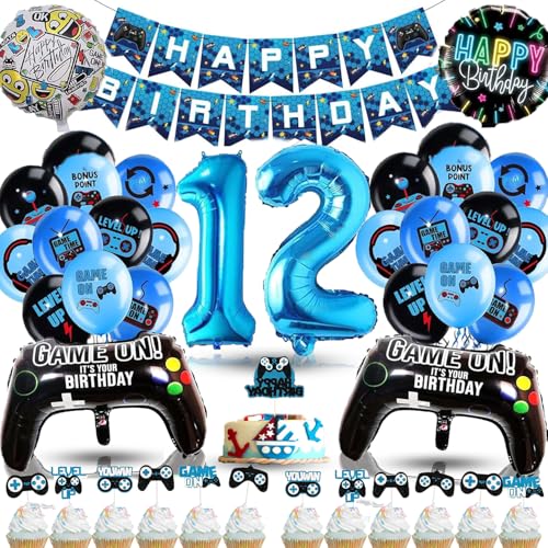 Betensh Geburtstagsdeko 12 Jahre Junge, Luftballon 12. Geburtstag Junge, Deko 12 Geburtstag Junge mit Videospiel Tortendeko, Geburtstagsdeko Junge Ballons Blau für Gamer Deko Party Deko Geburtstag von Betensh