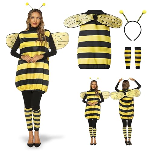 Betensh Bienen Kostüm Damen, Bienenkostüm Accessoires Bienen Flügel Haarreif Fühler Leggings, Tierkostüme Für Erwachsene, Faschingskostüme Damen Lustig für Karneval Cosplay L von Betensh