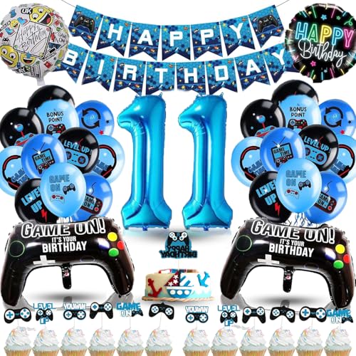 Betensh Luftballon 11 Geburtstag Junge, Deko Geburtstag 11 Jahre Junge, Geburtstagsdeko 11 Jahre Junge mit Videospiel Tortendeko, Deko Kindergeburtstag Ballons Blau für Gamer Deko Party Geburtstag von Betensh