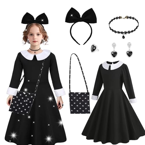 Betensh Wednesday Kostüm Kinder, Mädchen Kostüm Schwarzes Kleid, Faschingskostüme Kinder Mädchen für Cheerleader Halloween Fasching Cosplay 130 von Betensh