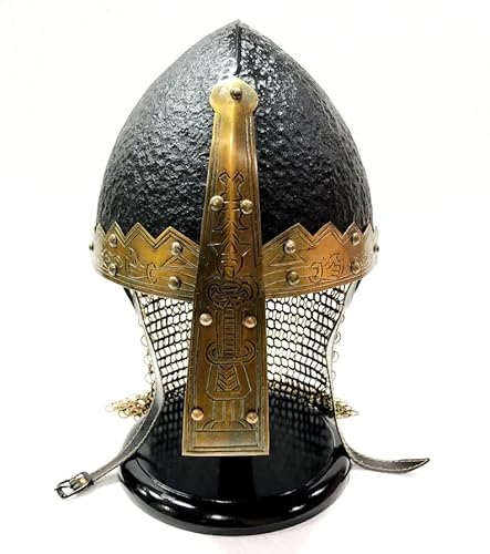 Mittelalterlicher normannischer Wikingerhelm, antikes schwarzes Amour Eisen und Messing, Kettenhemd, tragbarer Helm mit Holzständer Better Buy Handicraft von Better Buy Handicraft