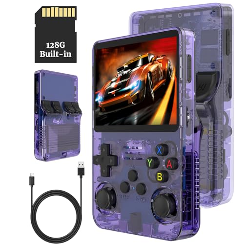 Bewinner 3,5-Zoll Retro Handheld Spielekonsole R36s, Videospielkonsole mit Dual Stylem Linux/Garlic Unterstützung, Retro Konsole mit Dual 3D Joysticks (Transparent Lila) (128G) von Bewinner