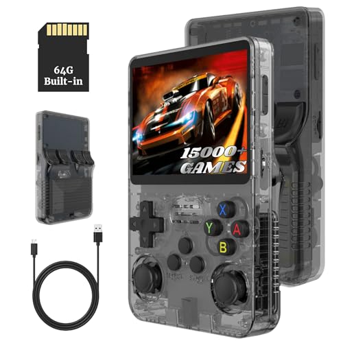 Bewinner 3,5-Zoll Retro Handheld Spielekonsole R36s, Videospielkonsole mit Dual Stylem Linux/Garlic Unterstützung, Retro Konsole mit Dual 3D Joysticks (Transparent Schwarz) (64G) von Bewinner