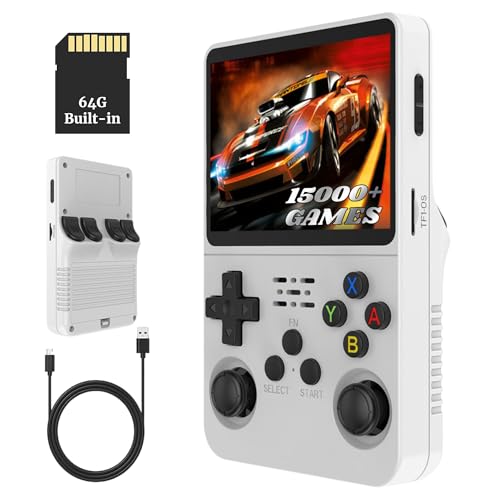 Bewinner 3,5-Zoll Retro Handheld Spielekonsole R36s, Videospielkonsole mit Dual Stylem Linux/Garlic Unterstützung, Retro Konsole mit Dual 3D Joysticks (Weiß) (64G) von Bewinner