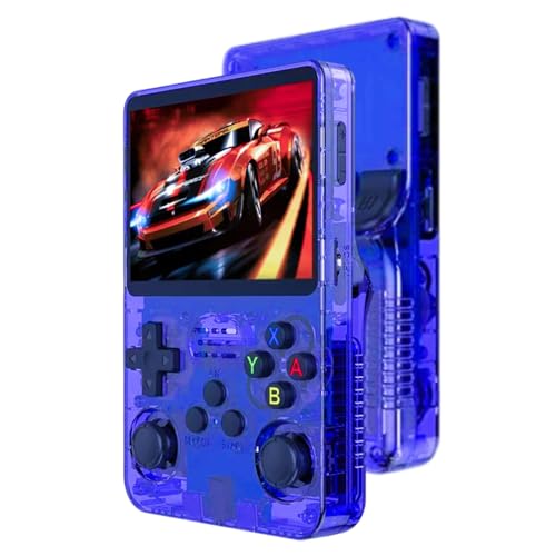 Bewinner 3,5-Zoll Retro Handheld Spielekonsole R36s, Videospielkonsole mit Dual Stylem Linux/Garlic Unterstützung, Retro Konsole mit Dual 3D Joysticks (Transparent Blau) (128GB) von Bewinner