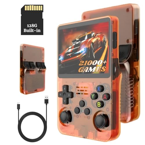 Bewinner 3,5-Zoll Retro Handheld Spielekonsole R36s, Videospielkonsole mit Dual Stylem Linux/Garlic Unterstützung, Retro Konsole mit Dual 3D Joysticks (Transparent Orange) (128G) von Bewinner