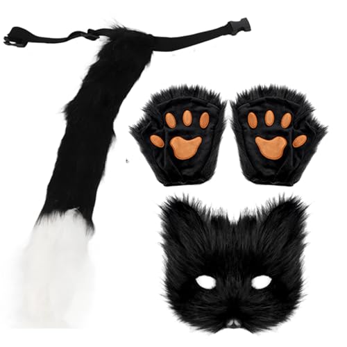 Bewinner Katzenmasken Set – Katzenkühe, Maske, Schwanz 3-in-1, Tier-Cosplay-Requisiten für Halloween Kostüme, Pelzige Maske, Party Therian Maske (A) von Bewinner