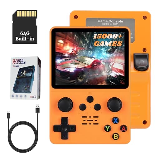 Bewinner R35s Retro Spielekonsole mit Dual Joystick, 15000+ Spiele Handheld Spielekonsole 640 X 480 – 3,5 Zoll IPS Bildschirm, Quad Core Retro Game Console (Orange) (64G) von Bewinner