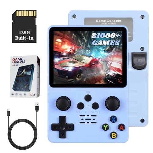 Bewinner R35s Retro Spielekonsole mit Dual Joystick, 21000+ Spiele Handheld Spielekonsole 640 X 480 – 3,5 Zoll IPS Bildschirm, Quad Core Retro Game Console, Vollständige (Blu) (128G) von Bewinner