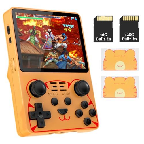 Bewinner Retro Handspielkonsole RGB20S – 3,5-Zoll-Bildschirm, HD-WLAN, Retro-Spielekonsole mit 2500 Klassischen Spielen und 3500 MAh Akku für Linux-System, Orange (16 GB + 128 GB) von Bewinner