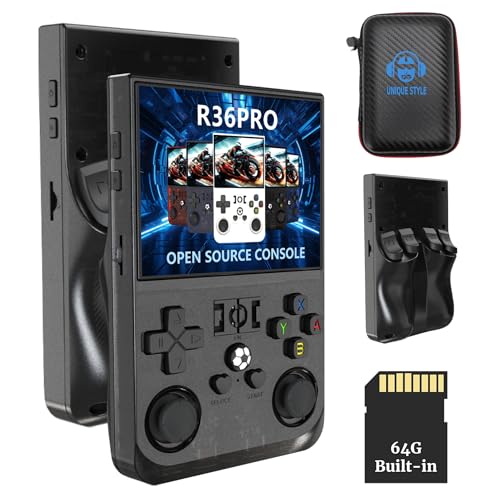 R36PRO Handheld Spiele Konsole, Neu Eingeführte 4000-mAh Retro Spielekonsole, Schnellere & Bessere Klangqualität, 3,5-Zoll-IPS-Bildschirm, 640 X 480 Open Source Game Player, Transparent Schwarz (64G) von Bewinner