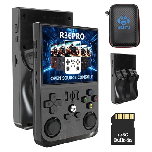 R36PRO Handheld Spiele Konsole, Neu Eingeführte 4000-mAh Retro Spielekonsole, Schnellere & Bessere Klangqualität, 3,5-Zoll-IPS-Bildschirm, 640 X 480 Open Source Game Player, Transparent Schwarz (64G) von Bewinner