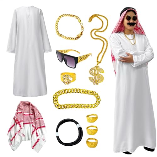 Bexdug Arabian Costumes Sheik Robe | Arabian Sheik Robe Kit mit Kopftuch | Rundhals Cosplay Zubehör für Halloween Party Mottoparty Karneval von Bexdug