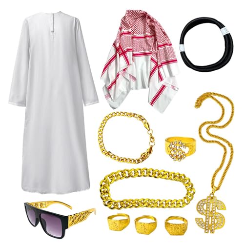 Bexdug Arabisches Herren-Kostüm, arabischer , Robe-Set mit Kopftuch, Rundhalsausschnitt, Cosplay-Zubehör für Halloween-Partys, Mottopartys, Karneval von Bexdug