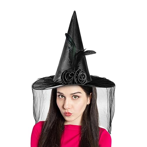 Bexdug Halloween Hexenhut,Halloween Frauen Hexenhut - Cosplay Hüte Halloween Hut - Spitzer Hut mit Halbschleier, Partyhüte, Foto-Requisiten, Feder-Rosen-Zaubererhut für Frauen, Teenager, Mädchen von Bexdug