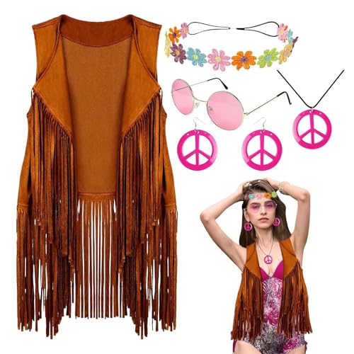 Bexdug Halloween Karneval Damen Hippie Kostüm Set - Weiches Hippie Kostüm | Modische Hippie Accessoires Disco Outfits für Familie Freunde Kollegen Hippie Partys von Bexdug