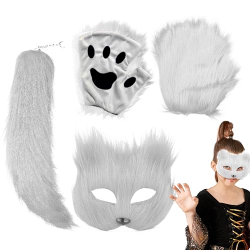 Bexdug Halloween-Tier-Gesichtsbedeckung, Tier-Maskerade-Maske, Cosplay-Maske mit Schwanz und Handschuhen, Kostümzubehör, Halloween-Maske für den Maskenball von Bexdug