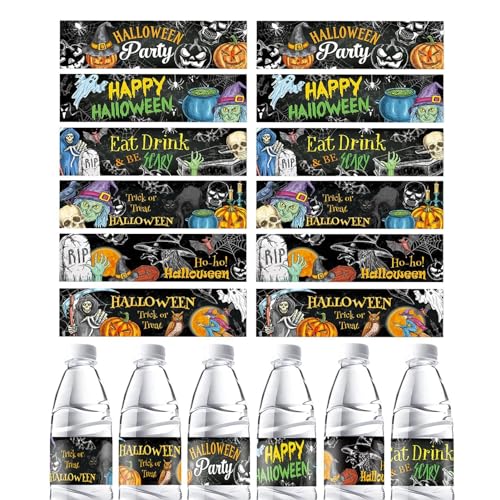 Bexdug Halloween-Wasserflaschenetiketten,Halloween-Wasserflaschenaufkleber | Happy Halloween Rundum-Aufkleber | 12 Stück wasserfeste Aufkleber, Halloween- -Dekoration, ästhetische Etiketten rund von Bexdug