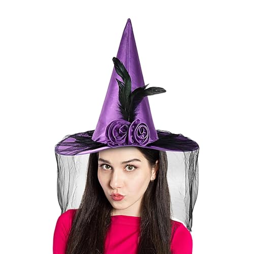 Bexdug Hexenhüte für Frauen, Hexenhut für Erwachsene - Cosplay Hüte Halloween Hut - Zaubererhut mit Halbschleier, Federrose-Hut mit breiter Krempe, Partyhüte, spitzer Hut, Halloween-Kostümzubehör von Bexdug