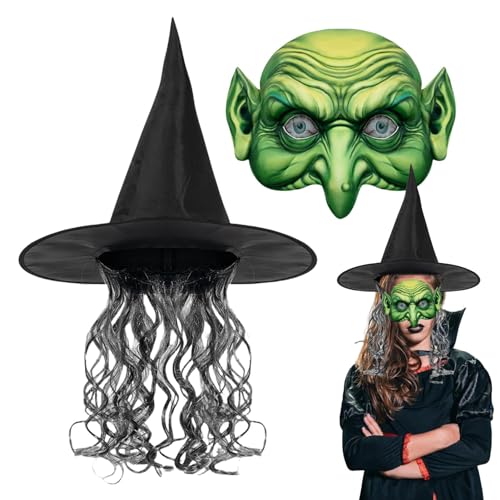 Bexdug Hexenhut-Kostüm für Damen, schwarzer Hexen-Perückenhut,Halloween-Hexe-Kostüm-Set - Hexen-Rollenspiel- -Gesichtsmaskerade-Halloween-Hexenkostüm-Set für Männer von Bexdug