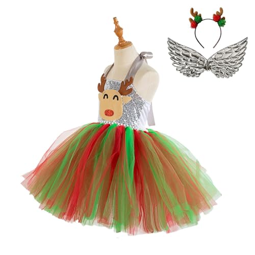 Bexdug Hirschkostüm für Mädchen,Kinder-Hirschkostüm für Mädchen - Cosplay Hirsch Kostüm Tutu Kleid | Tüllkleid mit Stirnband, Feenflügeln, Rentier-Weihnachtskostüm für Mädchen von Bexdug