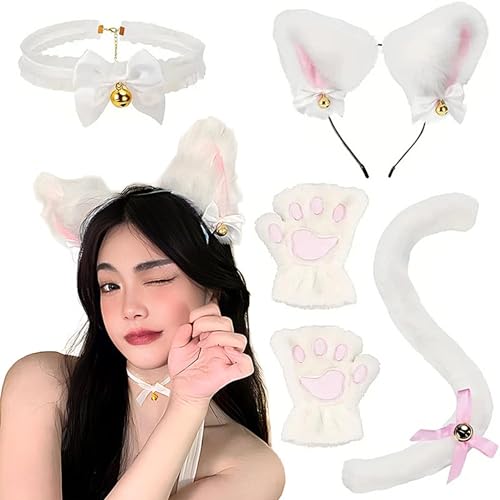 Bexdug Katze Cosplay Kostüm,Tier Cosplay Kostüm,Cosplay-Kopfschmuck, Katzenkostüm-Set mit Krallenhandschuhen - Bequemes, flauschiges Cosplay-Kostümzubehör für Halloween, Karneval, Kostümparty von Bexdug