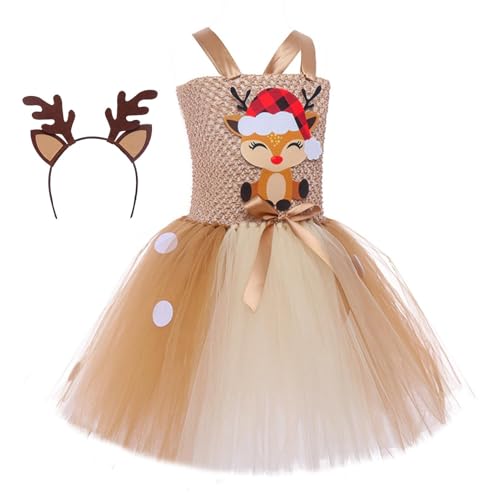 Bexdug Kinder-Rentier-Kostüm-Kleid, Elch-Mädchen-Netzrock mit Geweih-Stirnband, Rentier-Cartoon-Kostüm, Rollenspiel, Weihnachtsfeier, Tutu-Kleid, 2–12 Jahre alt von Bexdug