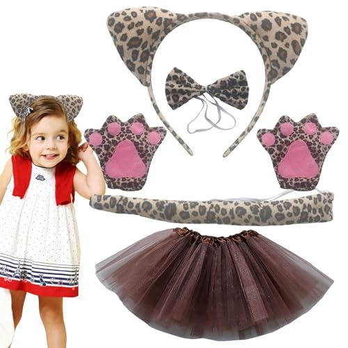 Bexdug Leoparden-Katzenohren-Stirnband, 5-teiliges Set, Leoparden-Katzenohren-Kostüm, Stirnband, Fliege, Schwanz, Tutu, Krallen, Cosplay-Set für Mädchen im Alter von 3–14 Jahren, Urlaubsparty von Bexdug