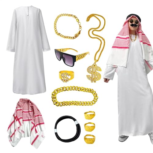 Bexdug Sheik White Robe, Arabian Sheik Robe Kit mit Kopftuch, Rundhals Cosplay Zubehör für Halloween Partys, Mottopartys, Karneval von Bexdug