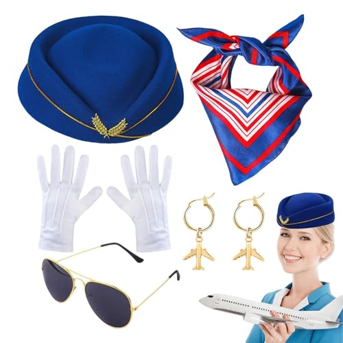 Bexdug Stewardess-Kostüm für Damen, Stewardess-Kostüm für Damen - Cosplay Stewardess Zubehörset,Stewardess-Kostümzubehör-Sets mit Mütze, Schal, Brille, Handschuhen und Ohrringen für die von Bexdug