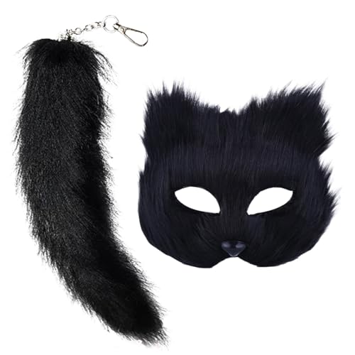 Bexdug Animal-Masken- und Schwanz-Set, Kostüm Pelzige Füchse Maske, Katzenmaske Halbgesicht Maskerade Schwanz mit Schlüsselanhänger, Animal Maskerade für Cosplay Kostüm Zubehör von Bexdug