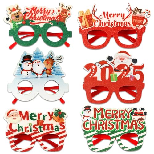 Bexdug Weihnachts-Party-Brille,Weihnachts-Glitzer-Party-Brille | 2025 Brille Weihnachtsbrille - 6 x Neujahrsbrille, Kostümbrille, Weihnachtsbrille, Weihnachtsmann, Elch, Foto-Requisiten, von Bexdug