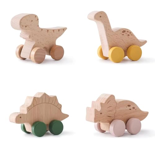 Montessori Dinosaurier-Spielzeug aus Holz – 1. Alter – Beiß- und Lernspielzeug (4 Stück) von Bexo