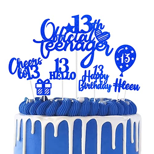 13. Geburtstag Tortendeko Blau, 13 Official Teenager Cake Topper, 13. Teenager Geburtstag Kuchendeko mit Glitzer Blau Hello 13 Cheers to 13 Cupcake Topper für Junge 13. Geburtstag Kuchen Dekoration von Biapian