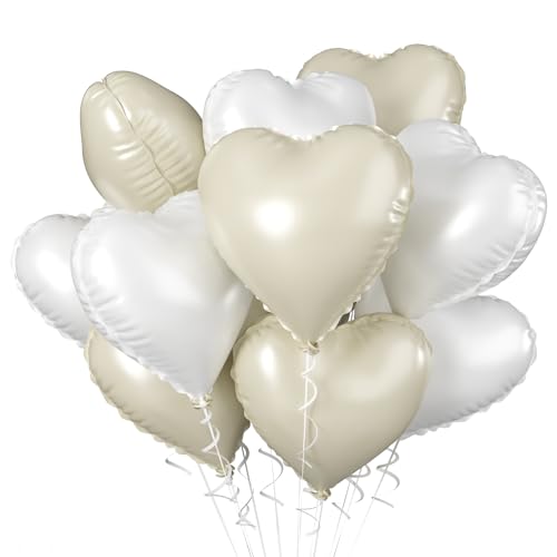 18 Zoll Herzluftballons Cremefarbene, 10 Stück Creme Weiß Herzluftballons Hochzeit, Beige und Weiße Luftballon Herz Folienballons Helium für Boho Geburtstag Babypartys Verlobung Valentinstag Partydeko von Biapian