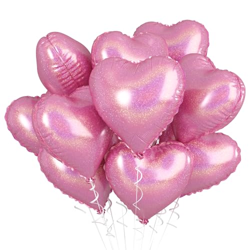 18 Zoll Herzluftballons Rosa, 10 Stück Glitzer Rosa Herzluftballons Hochzeit, Hell Rosa Luftballons Herz Folienballons Valentinstag für Geburtstag Hochzeit Babypartys Valentinstag Partydekoration von Biapian