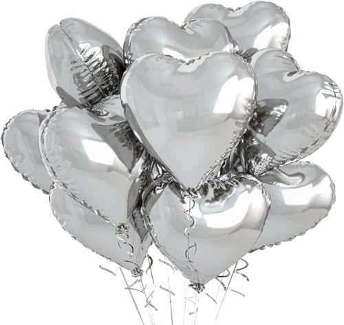 18 Zoll Herzluftballons Silber, 10 Stück Silber Herzluftballons Hochzeit, Silber Luftballon Liebes Herz Folienballons Helium für Geburtstag Babypartys Verlobung Valentinstag Party Dekorations von Biapian